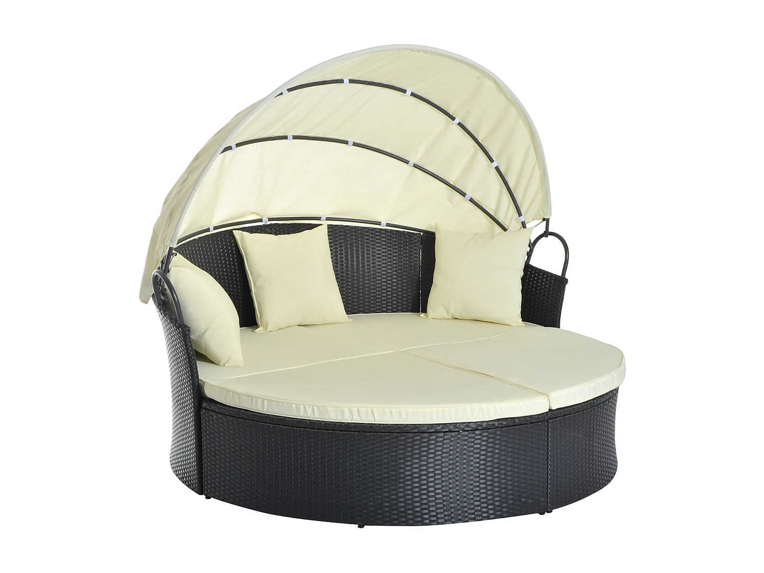 Lit canapé de jardin modulable grand confort pare-soleil pliable intégré 4 coussins 3 oreillers 171L x 180l x 155H cm métal résine tressée polyester noir beige