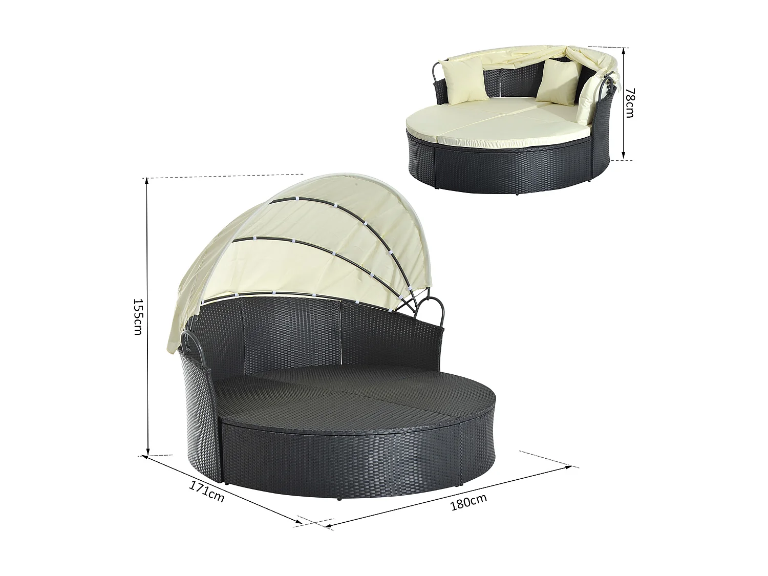 Lit canapé de jardin modulable grand confort pare-soleil pliable intégré 4 coussins 3 oreillers 171L x 180l x 155H cm métal résine tressée polyester noir beige