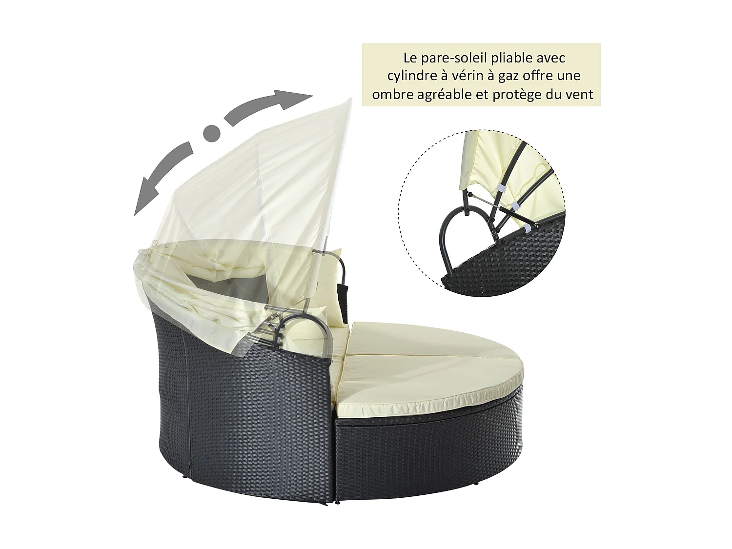 Lit canapé de jardin modulable grand confort pare-soleil pliable intégré 4 coussins 3 oreillers 171L x 180l x 155H cm métal résine tressée polyester noir beige