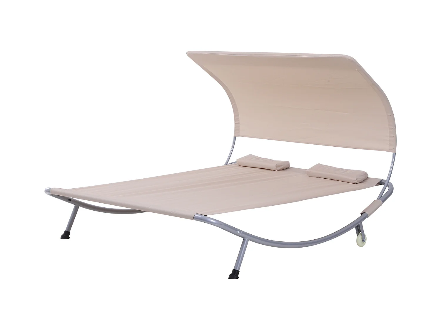 Bain de soleil 2 places lit de jardin design contemporain toit réglable 2 roulettes 2 oreillers acier époxy polyester sable