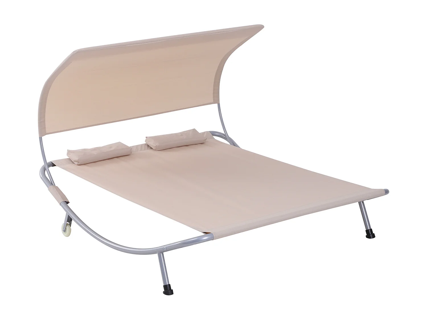 Bain de soleil 2 places lit de jardin design contemporain toit réglable 2 roulettes 2 oreillers acier époxy polyester sable