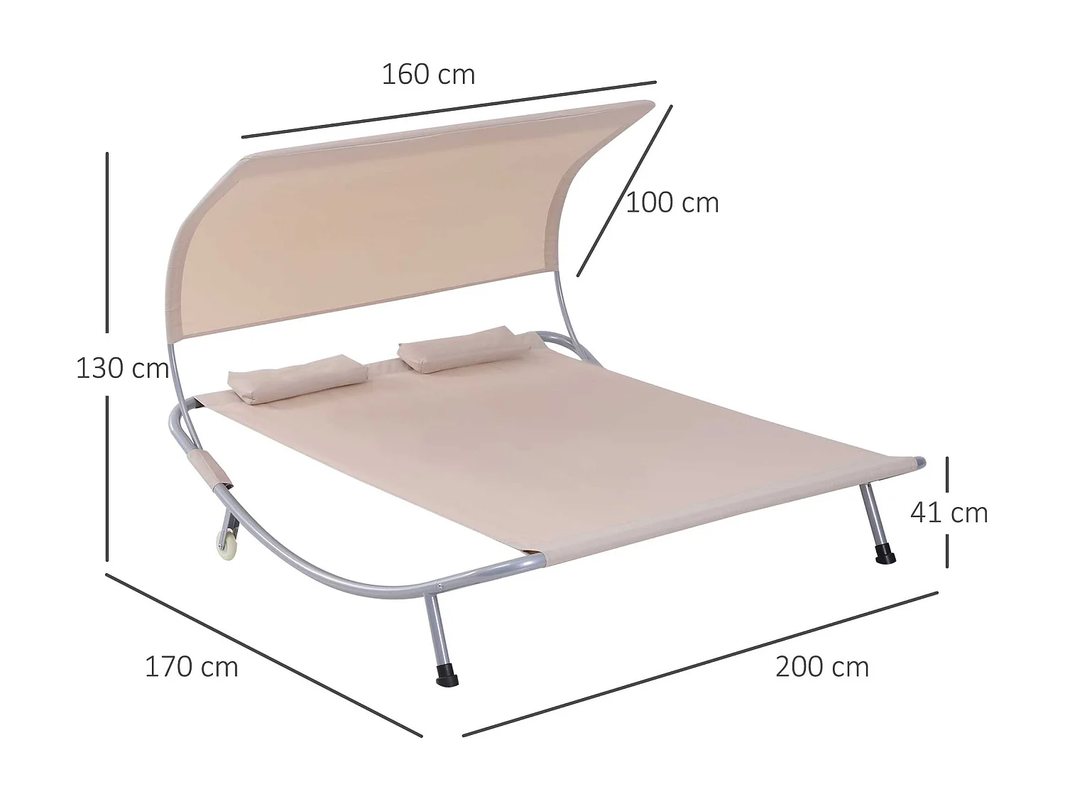 Bain de soleil 2 places lit de jardin design contemporain toit réglable 2 roulettes 2 oreillers acier époxy polyester sable