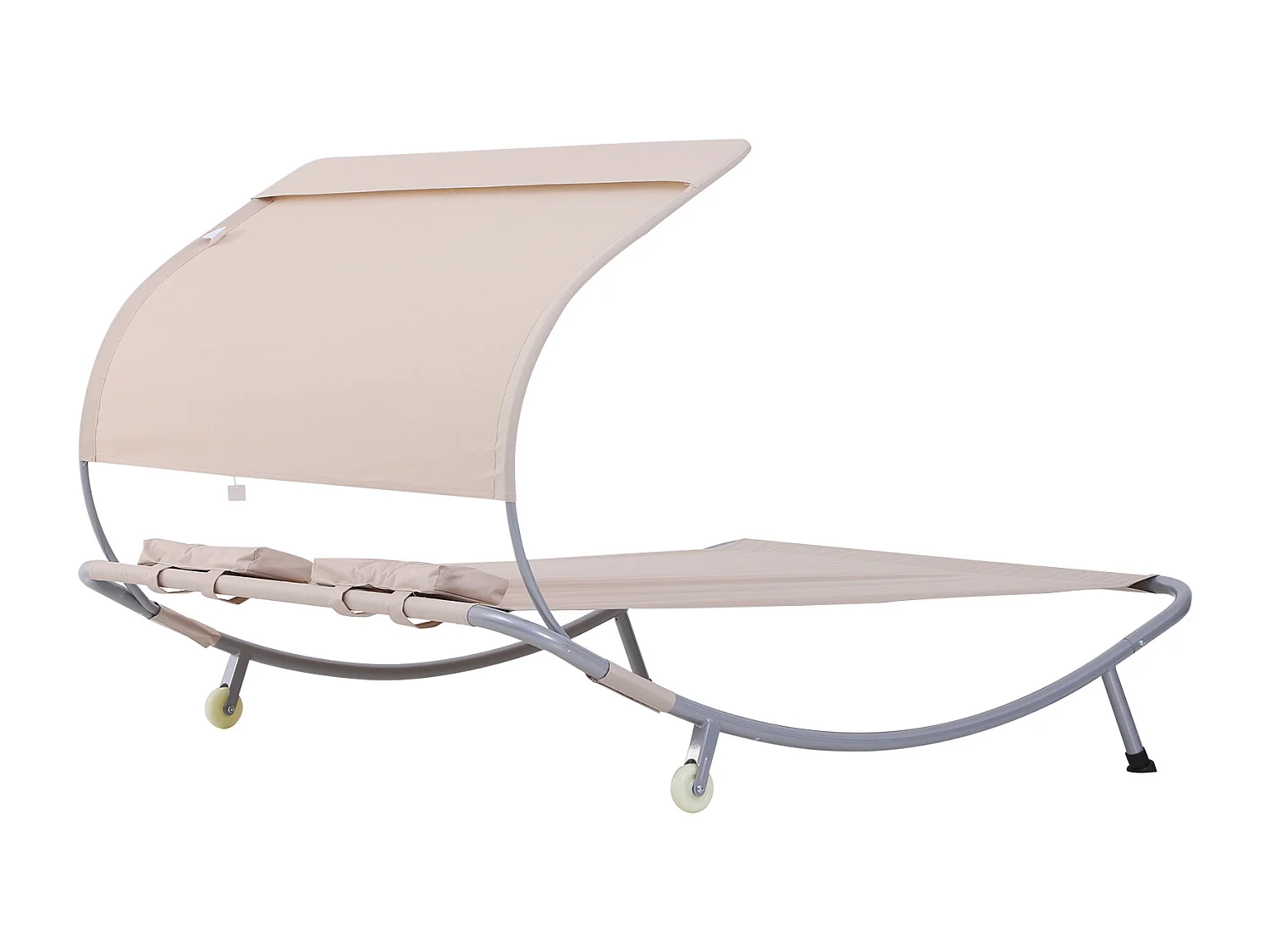 Bain de soleil 2 places lit de jardin design contemporain toit réglable 2 roulettes 2 oreillers acier époxy polyester sable