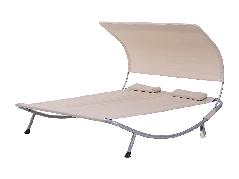Bain de soleil 2 places lit de jardin design contemporain toit réglable 2 roulettes 2 oreillers acier époxy polyester sable