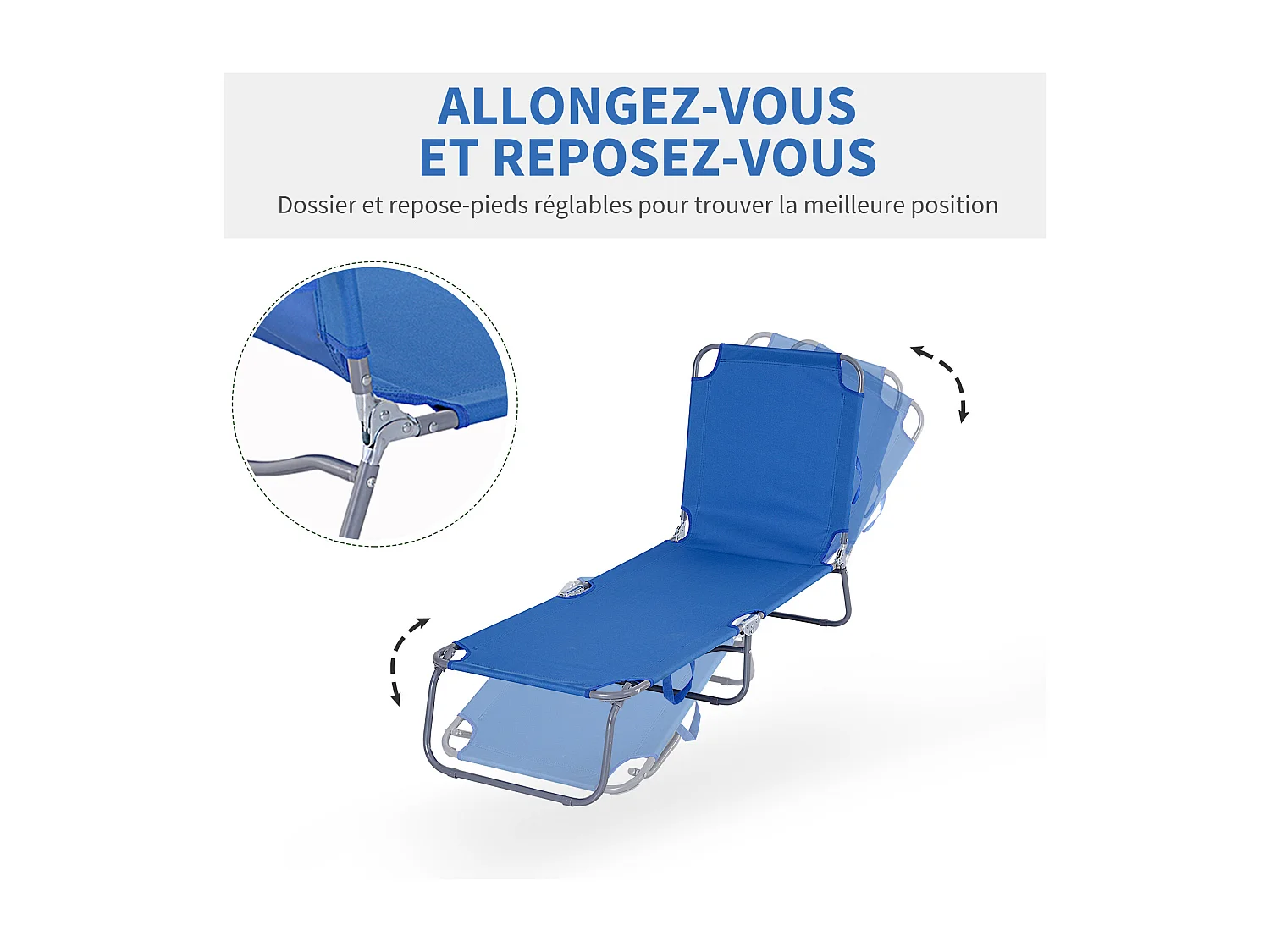 Bain de soleil transat pliable dossier réglable multipositions métal et polyester bleu
