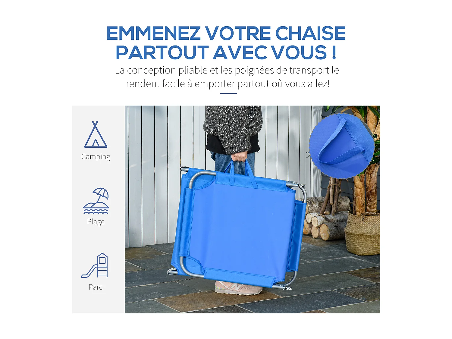 Bain de soleil transat pliable dossier réglable multipositions métal et polyester bleu