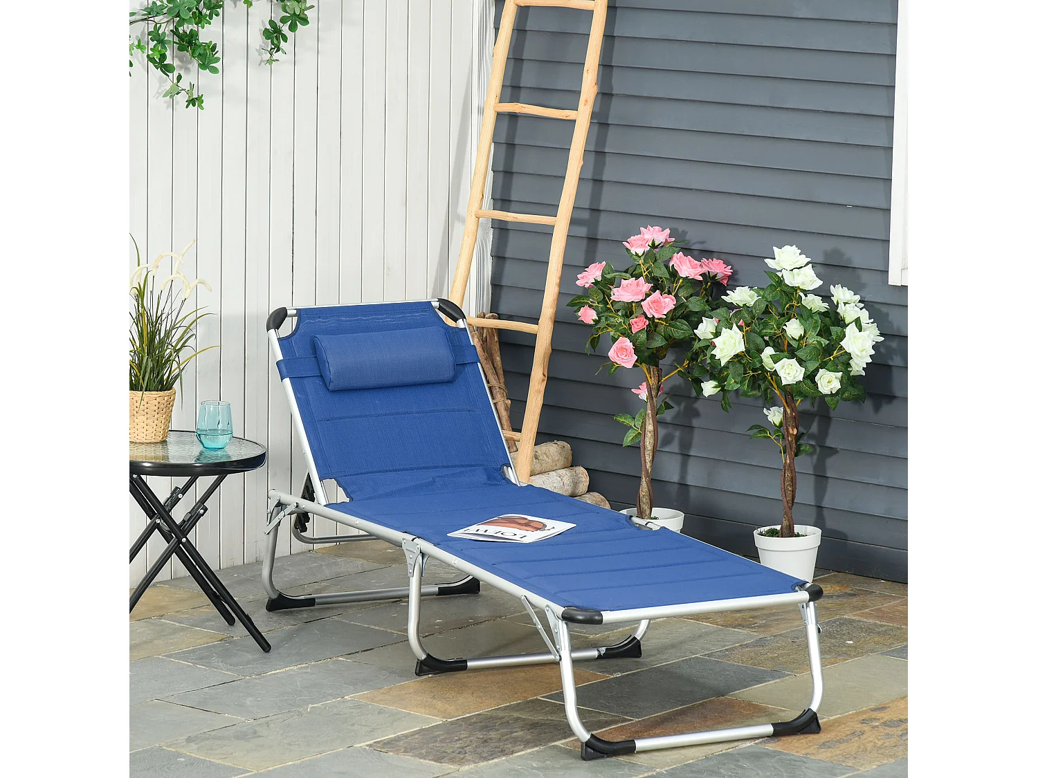 Bain de soleil transat pliable dossier réglable multi-positions matelassage tétière alu textilène bleu