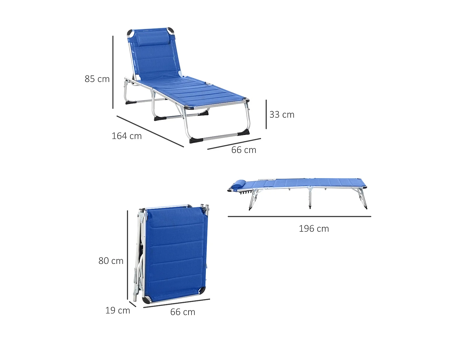 Bain de soleil transat pliable dossier réglable multi-positions matelassage tétière alu textilène bleu
