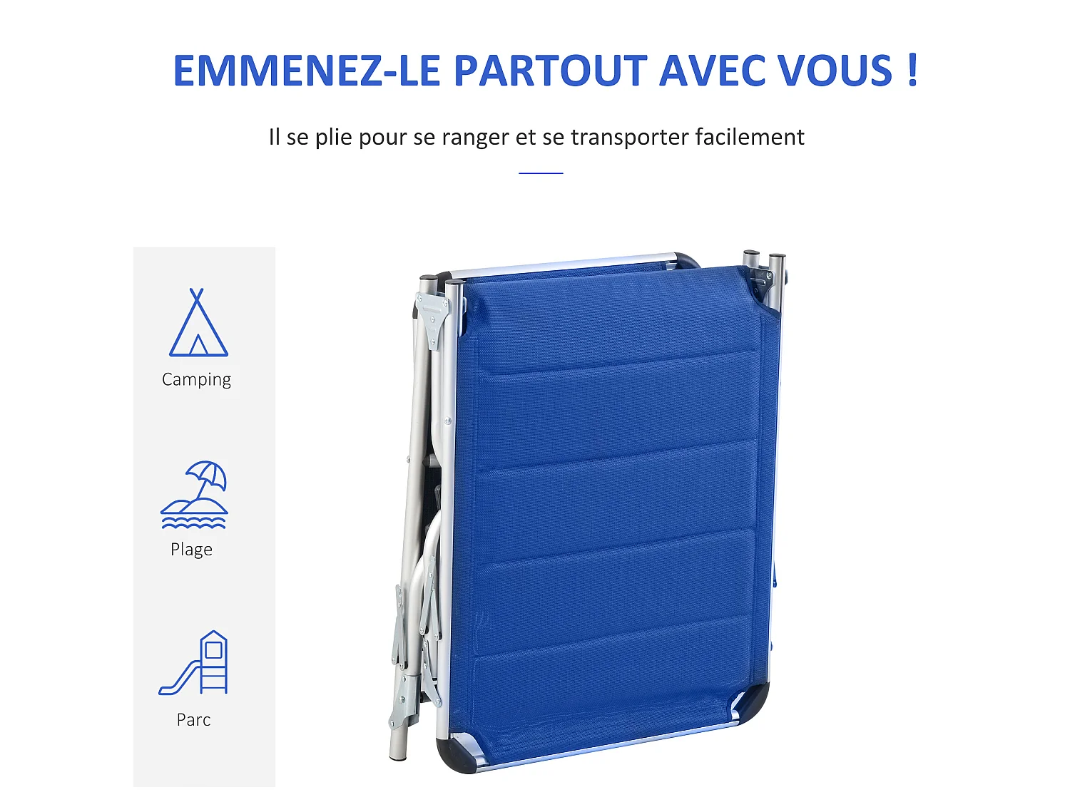 Bain de soleil transat pliable dossier réglable multi-positions matelassage tétière alu textilène bleu