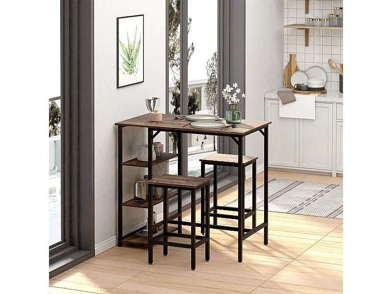 Ensemble table de bar 3 étagères 2 tabourets style industriel métal noir aspect vieux bois veinage