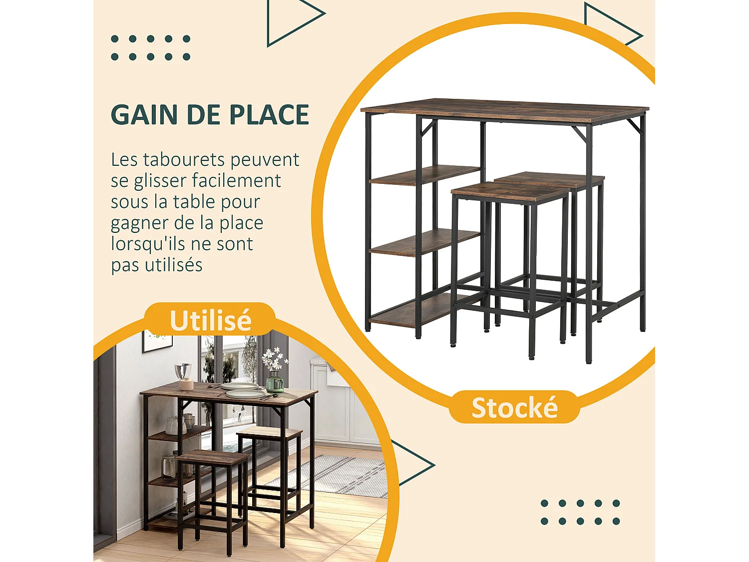 Ensemble table de bar 3 étagères 2 tabourets style industriel métal noir aspect vieux bois veinage