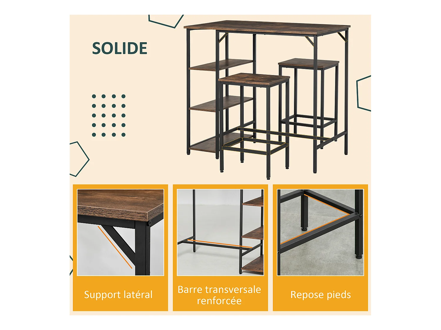 Ensemble table de bar 3 étagères 2 tabourets style industriel métal noir aspect vieux bois veinage