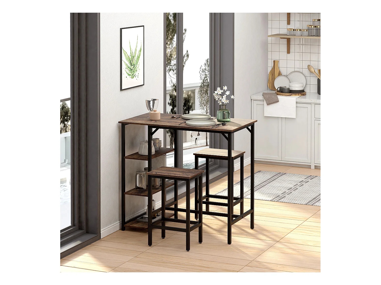 Ensemble table de bar 3 étagères 2 tabourets style industriel métal noir aspect vieux bois veinage