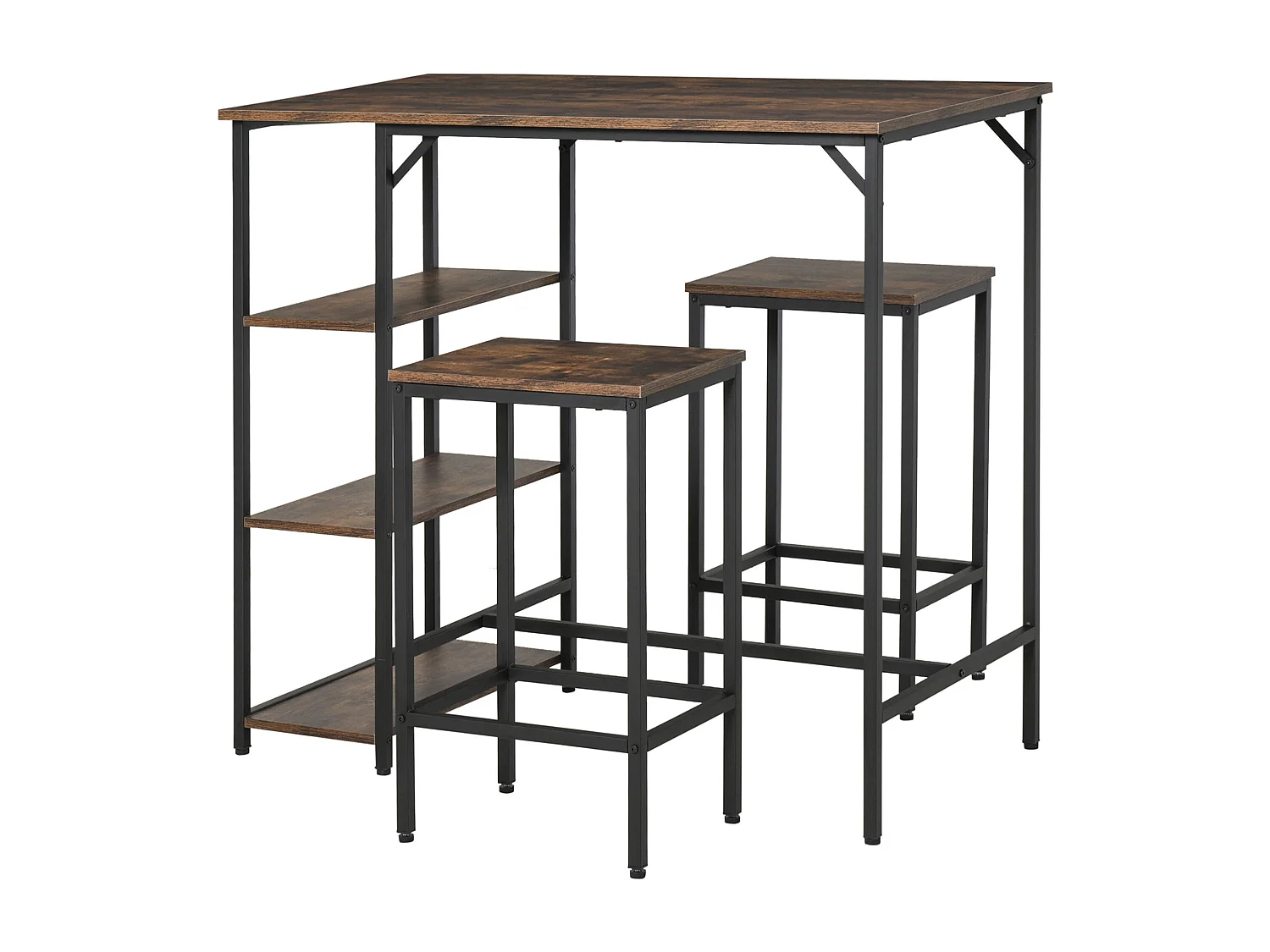 Ensemble table de bar 3 étagères 2 tabourets style industriel métal noir aspect vieux bois veinage