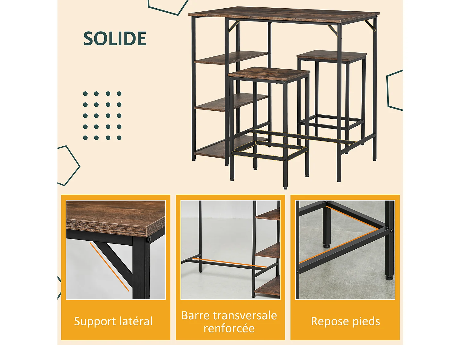 Ensemble table de bar 3 étagères 2 tabourets style industriel métal noir aspect vieux bois veinage