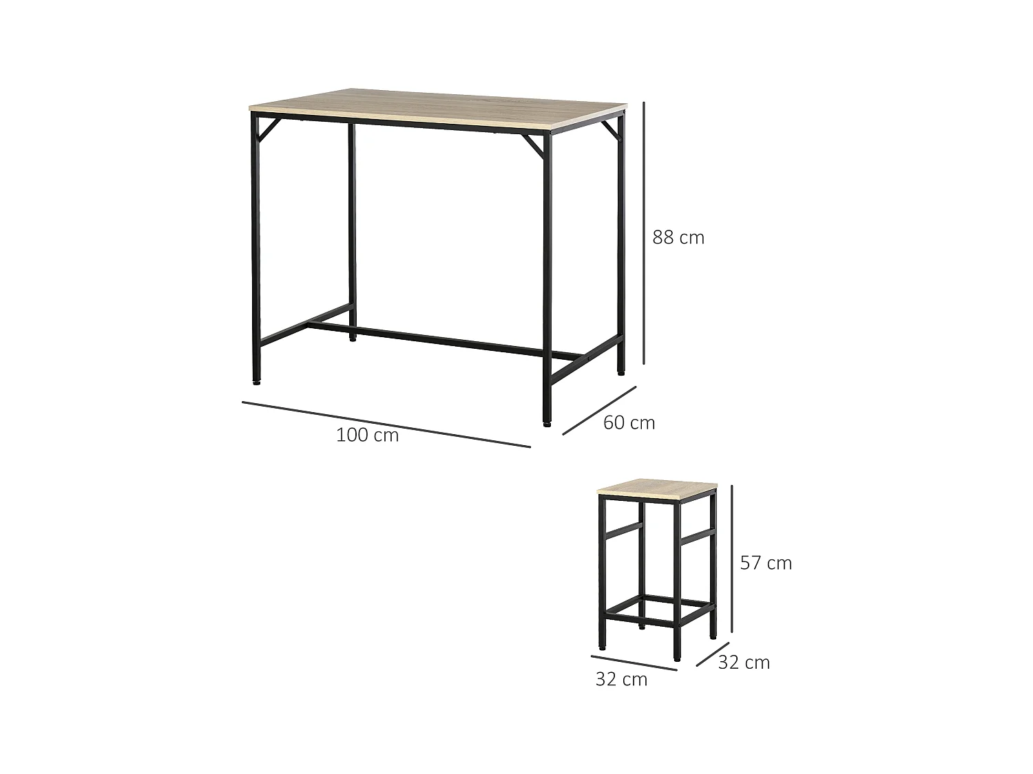 Ensemble table de bar design industriel + 4 tabourets repose-pieds panneaux particules imitation chêne clair métal noir