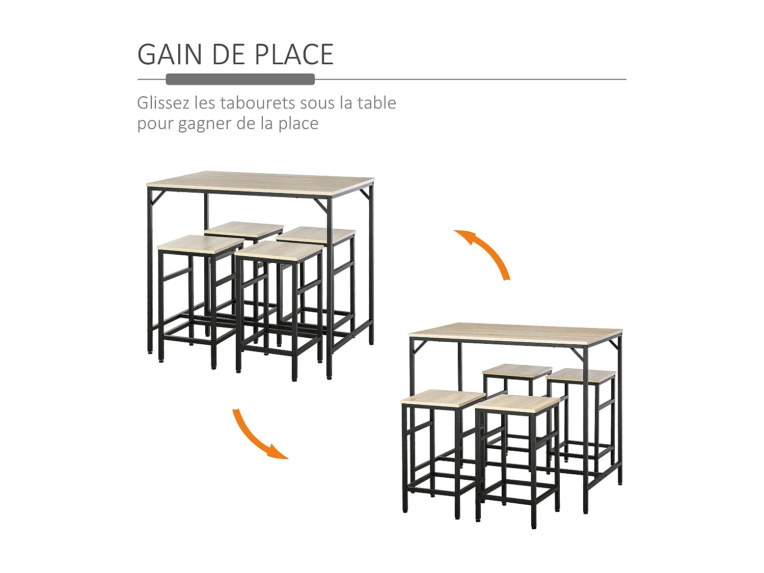 Ensemble table de bar design industriel + 4 tabourets repose-pieds panneaux particules imitation chêne clair métal noir