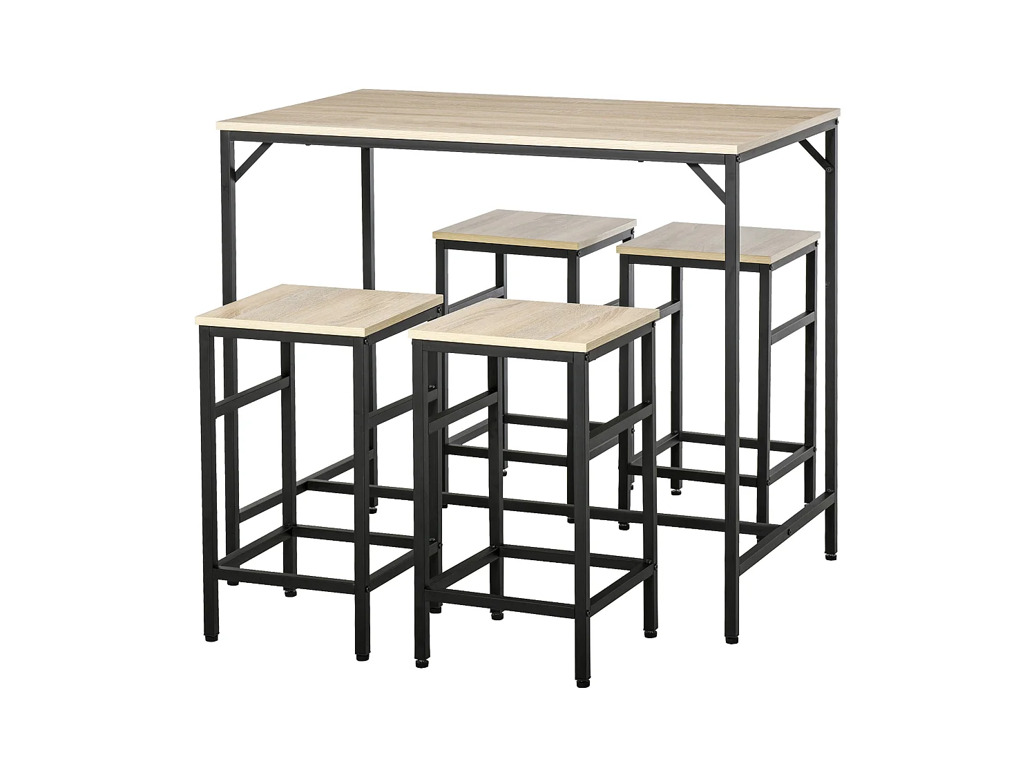 Ensemble table de bar design industriel + 4 tabourets repose-pieds panneaux particules imitation chêne clair métal noir