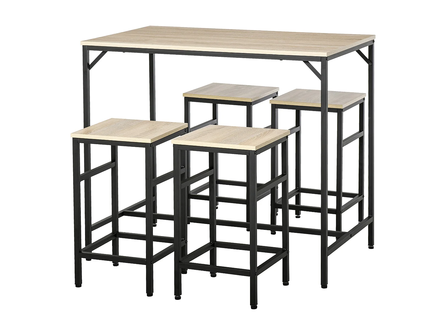 Ensemble table de bar design industriel + 4 tabourets repose-pieds panneaux particules imitation chêne clair métal noir