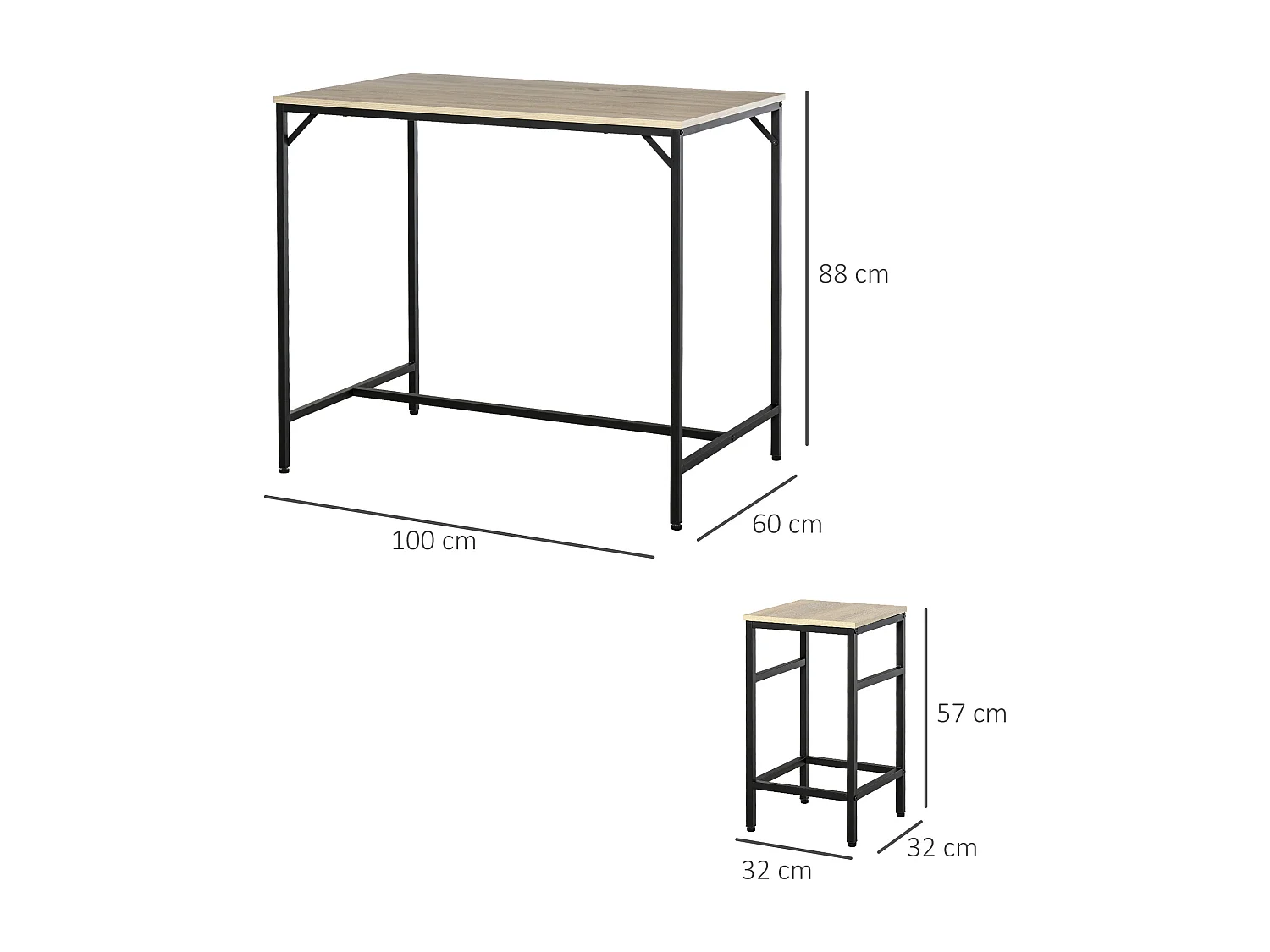 Ensemble table de bar design industriel + 4 tabourets repose-pieds panneaux particules imitation chêne clair métal noir