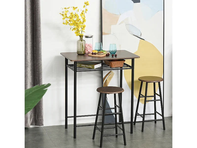 Ensemble table de bar design industriel + 2 tabourets MDF imitation bois noyer métal noir