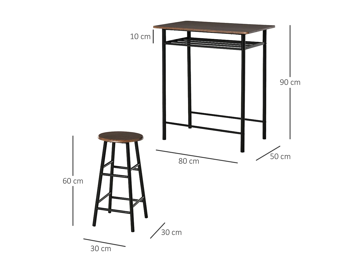 Ensemble table de bar design industriel + 2 tabourets MDF imitation bois noyer métal noir
