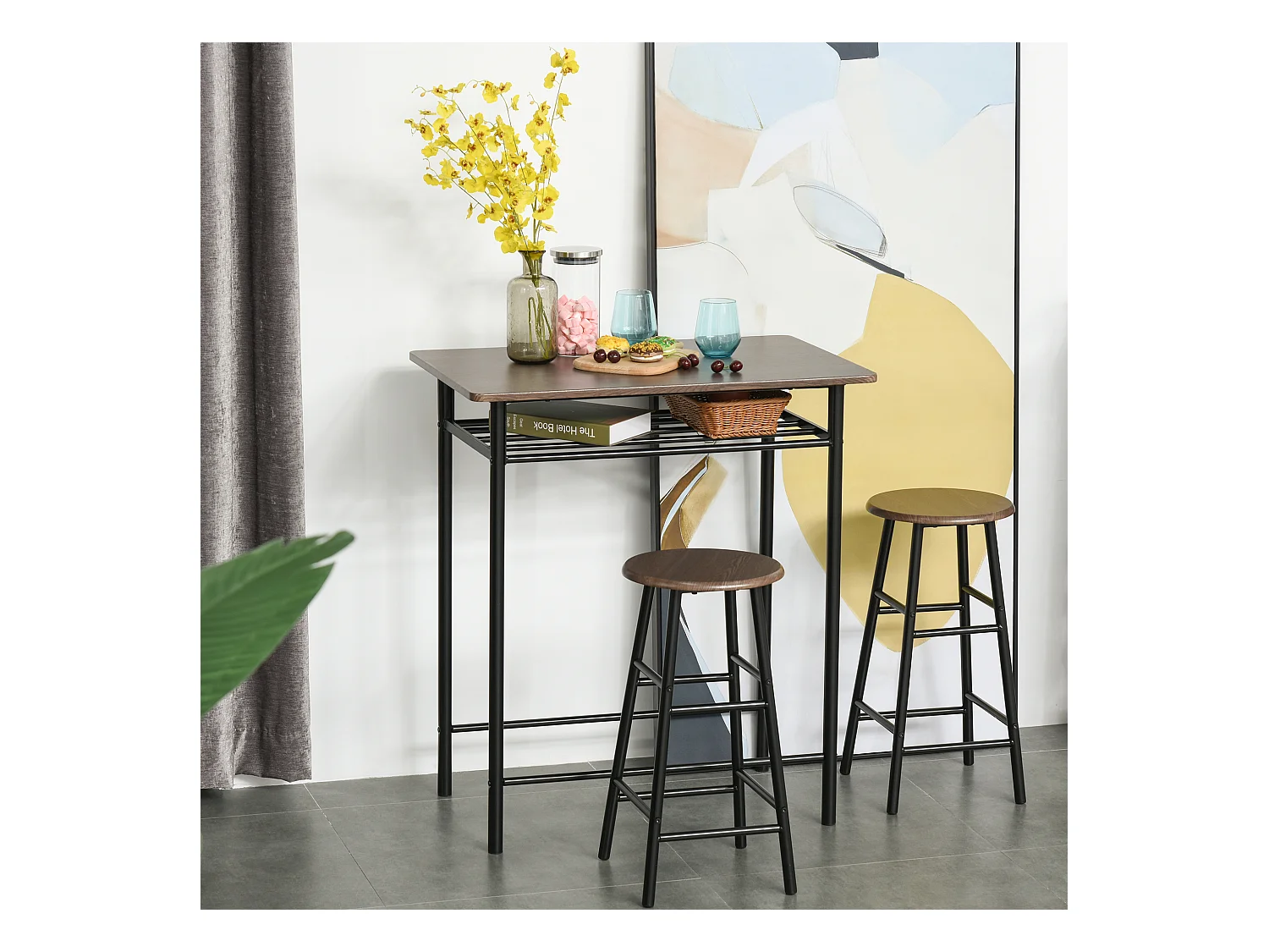 Ensemble table de bar design industriel + 2 tabourets MDF imitation bois noyer métal noir