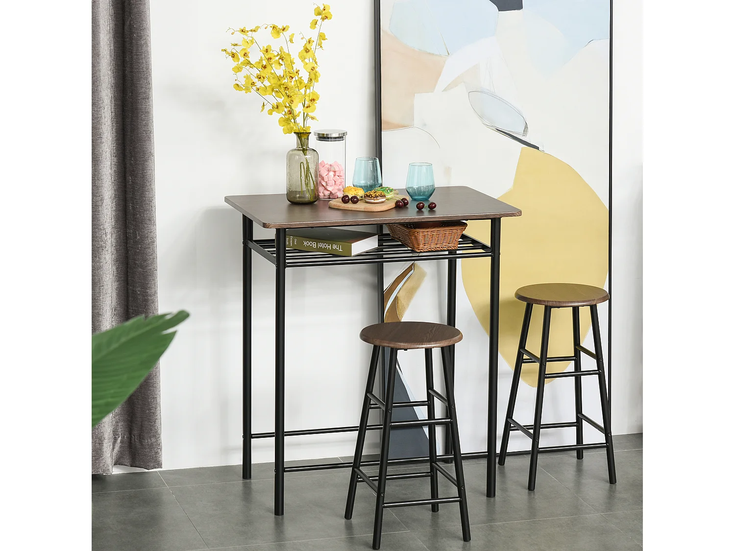 Ensemble table de bar design industriel + 2 tabourets MDF imitation bois noyer métal noir