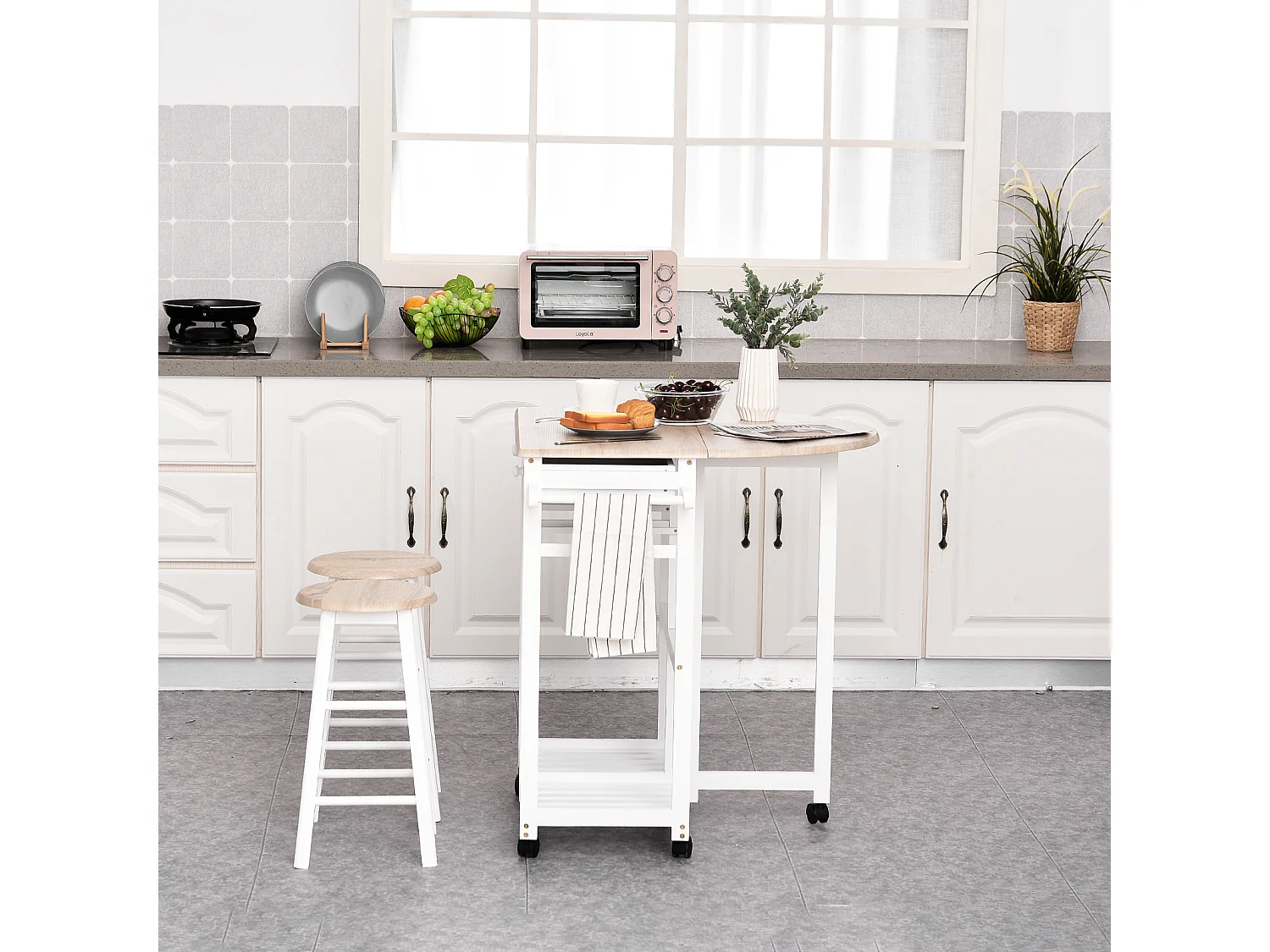 Ensemble table de bar pliable sur roulettes avec étagère et 2 tiroirs + 2 tabourets bois pin MDF blanc chêne clair