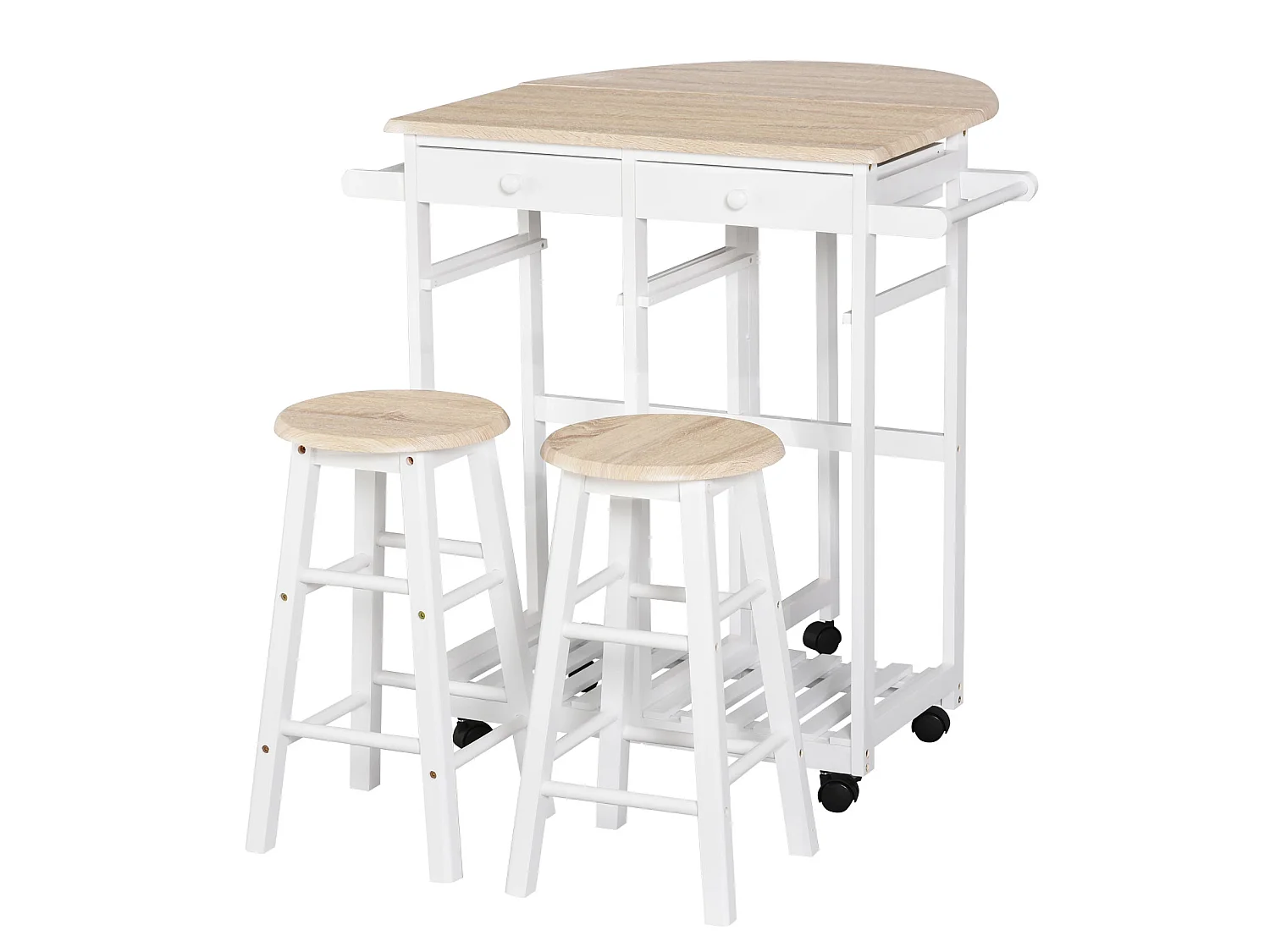 Ensemble table de bar pliable sur roulettes avec étagère et 2 tiroirs + 2 tabourets bois pin MDF blanc chêne clair