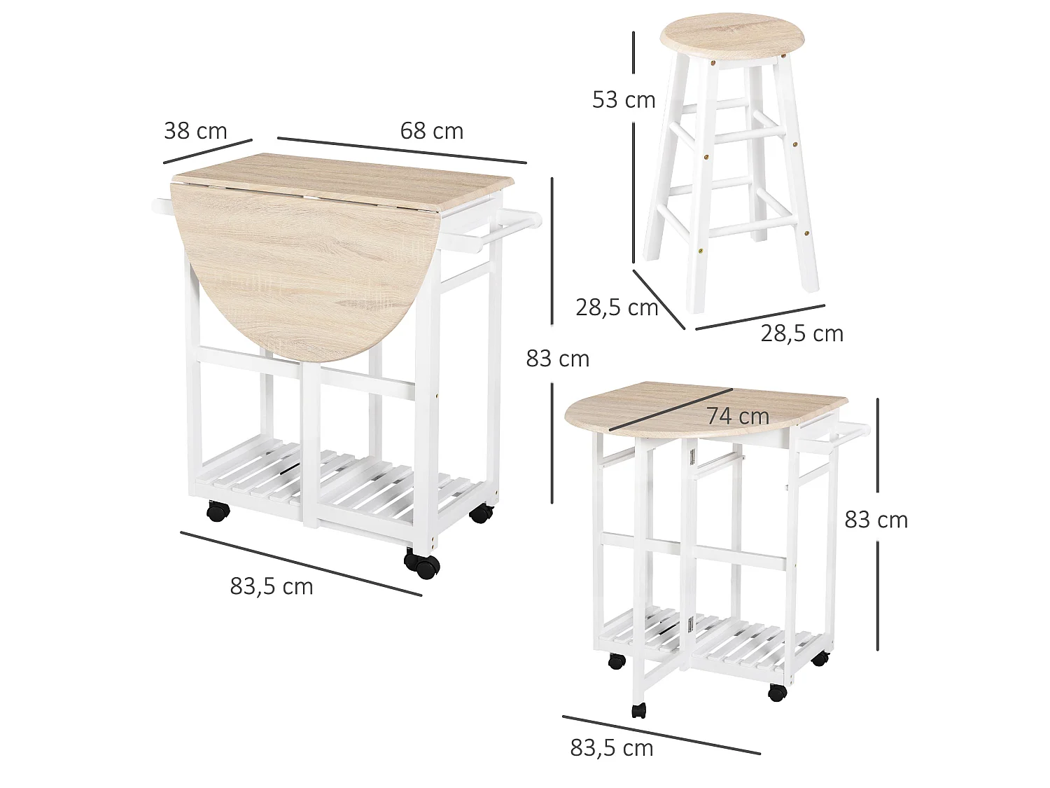 Ensemble table de bar pliable sur roulettes avec étagère et 2 tiroirs + 2 tabourets bois pin MDF blanc chêne clair