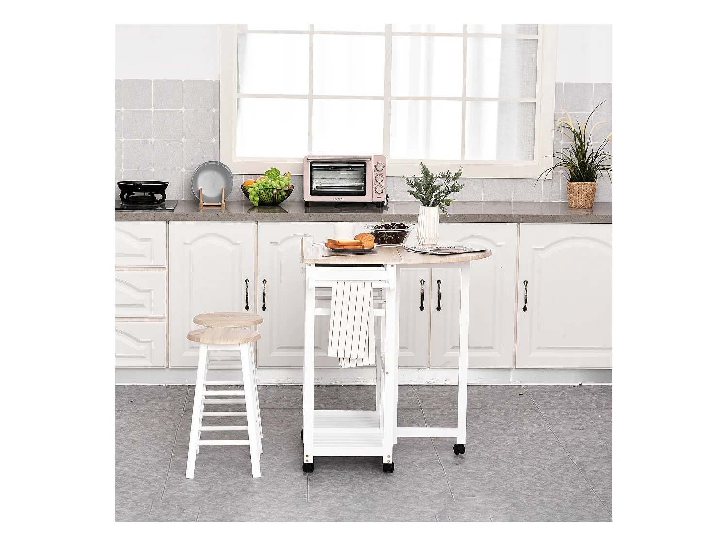Ensemble table de bar pliable sur roulettes avec étagère et 2 tiroirs + 2 tabourets bois pin MDF blanc chêne clair