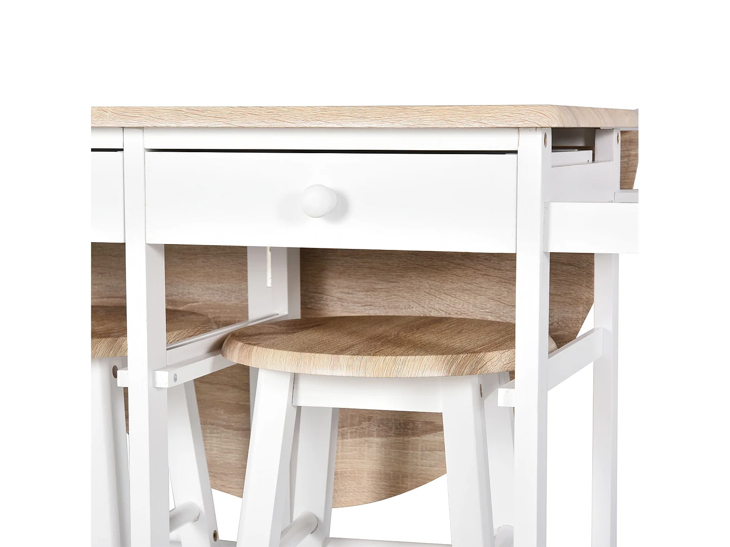 Ensemble table de bar pliable sur roulettes avec étagère et 2 tiroirs + 2 tabourets bois pin MDF blanc chêne clair
