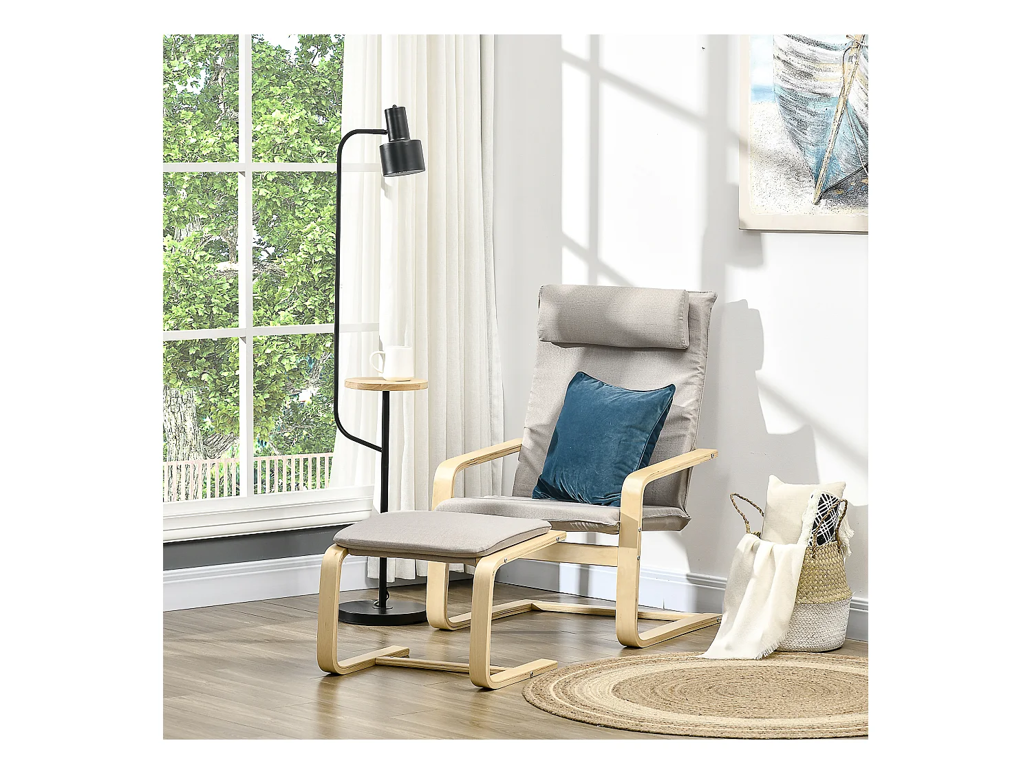 Fauteuil relax avec repose-pieds et coussin appui-tête - bois et tissu effet lin - dim. 67I x 69P x 100H cm - gris