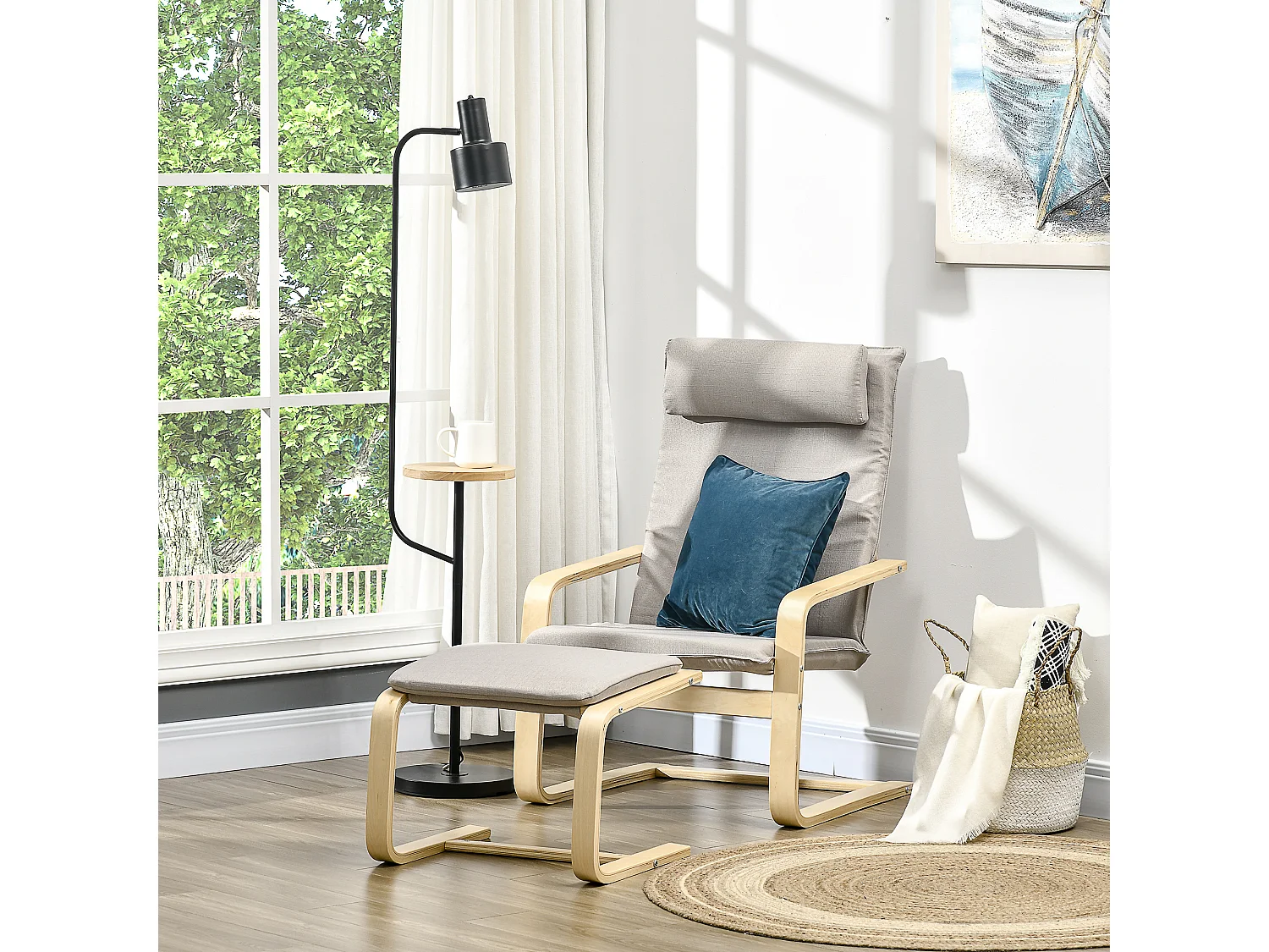 Fauteuil relax avec repose-pieds et coussin appui-tête - bois et tissu effet lin - dim. 67I x 69P x 100H cm - gris