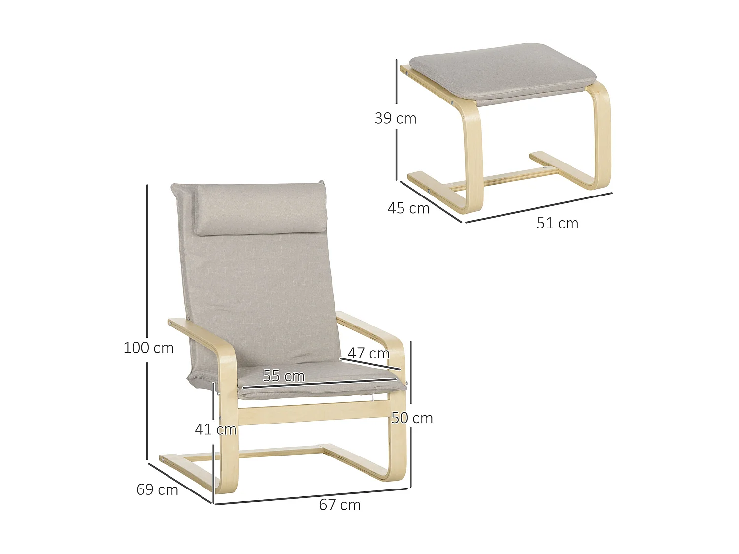 Fauteuil relax avec repose-pieds et coussin appui-tête - bois et tissu effet lin - dim. 67I x 69P x 100H cm - gris