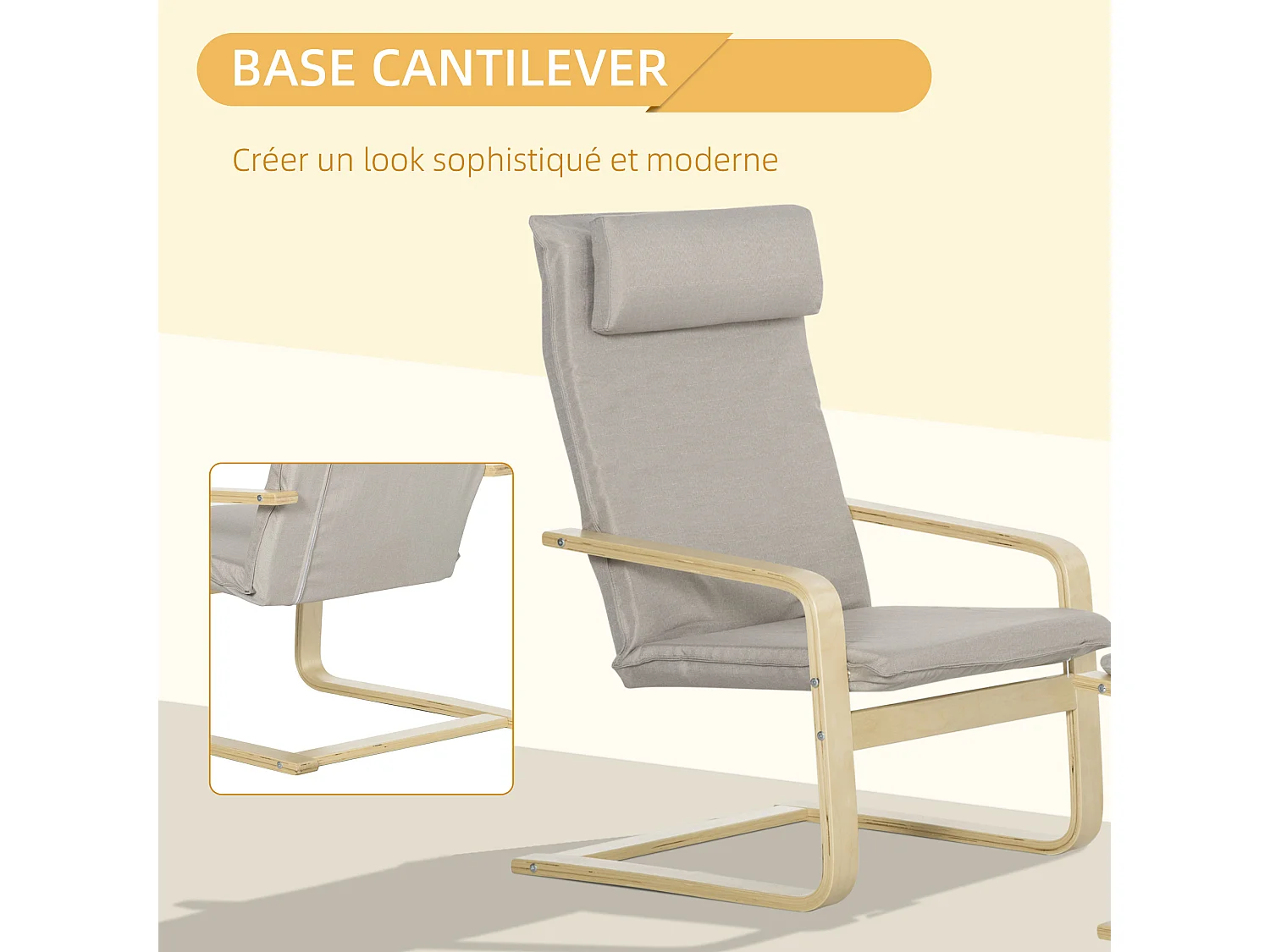 Fauteuil relax avec repose-pieds et coussin appui-tête - bois et tissu effet lin - dim. 67I x 69P x 100H cm - gris