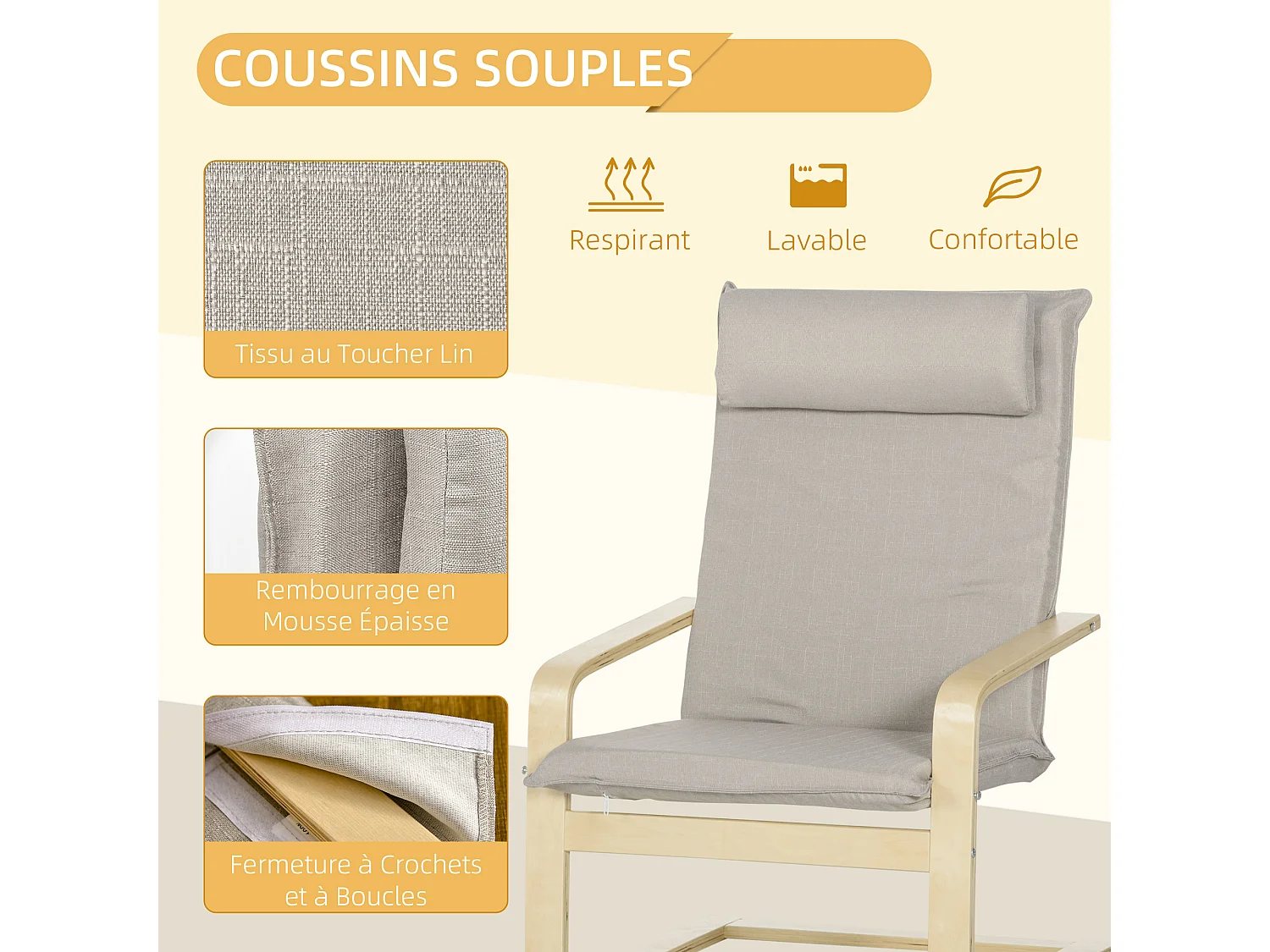 Fauteuil relax avec repose-pieds et coussin appui-tête - bois et tissu effet lin - dim. 67I x 69P x 100H cm - gris