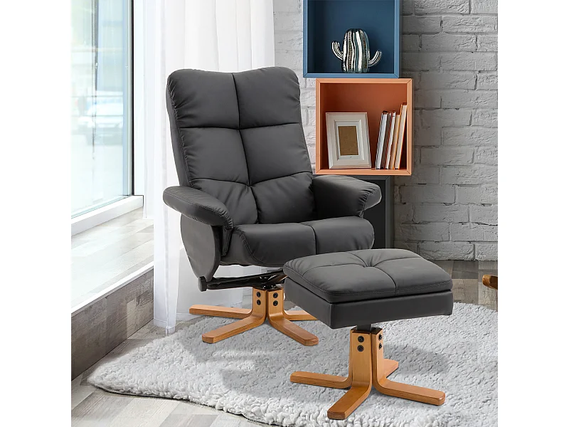 Fauteuil relax inclinable style contemporain repose-pieds coffre rangement revêtement synthétique acier bois noir