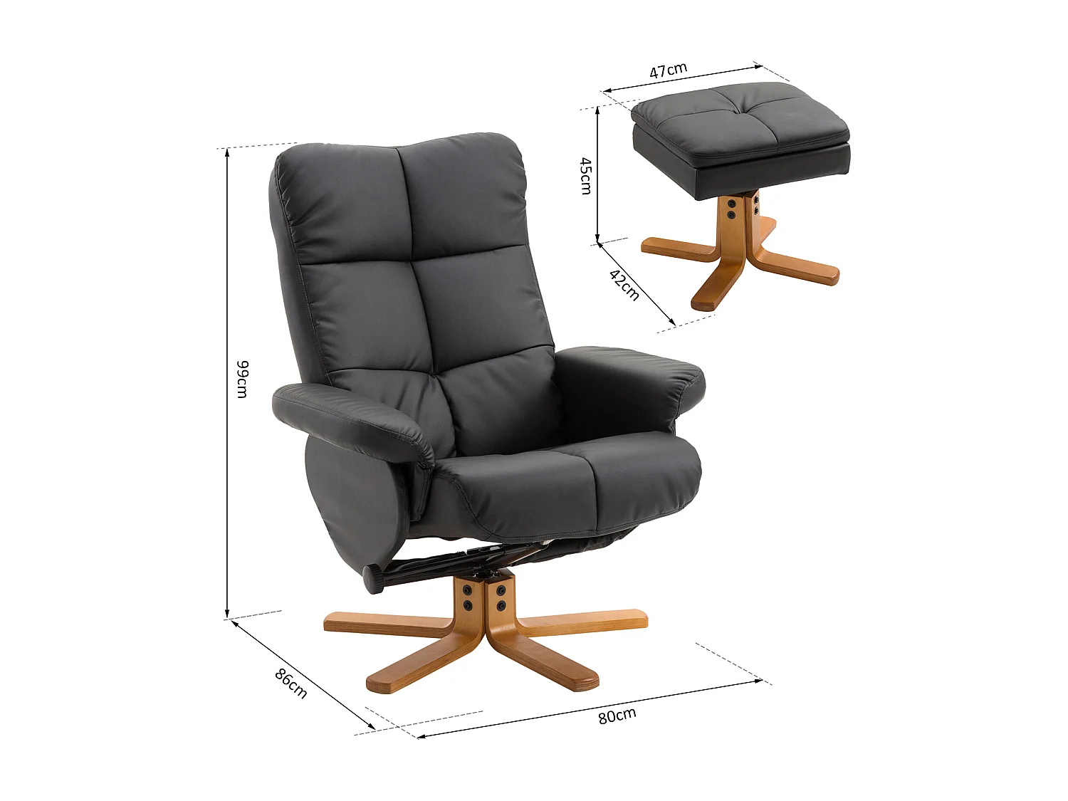 Fauteuil relax inclinable style contemporain repose-pieds coffre rangement revêtement synthétique acier bois noir