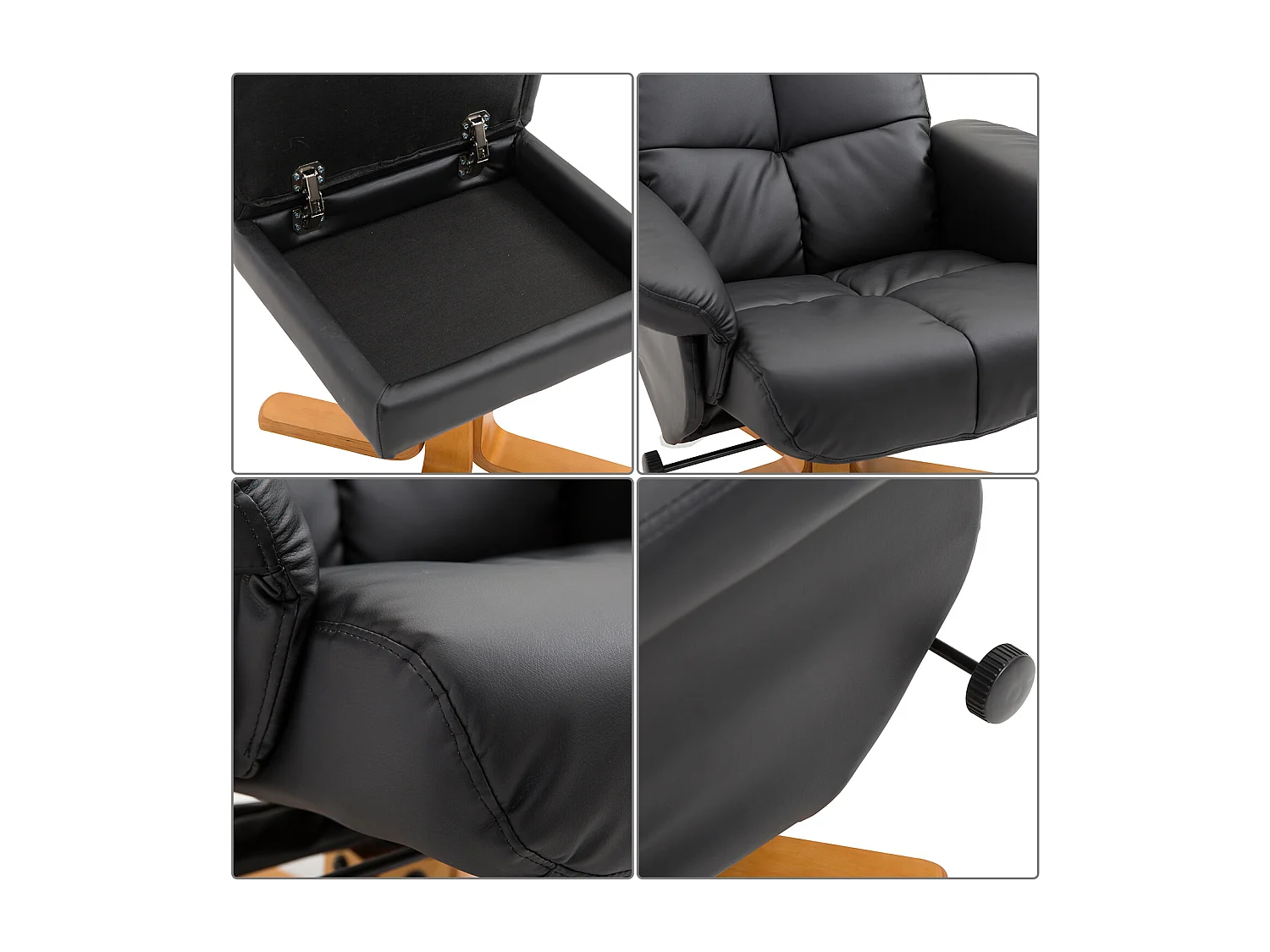 Fauteuil relax inclinable style contemporain repose-pieds coffre rangement revêtement synthétique acier bois noir