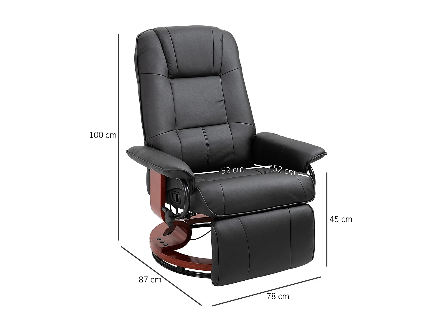 Fauteuil relax inclinable repose-pieds réglable pivotant 360° piètement bois revêtement PU noir