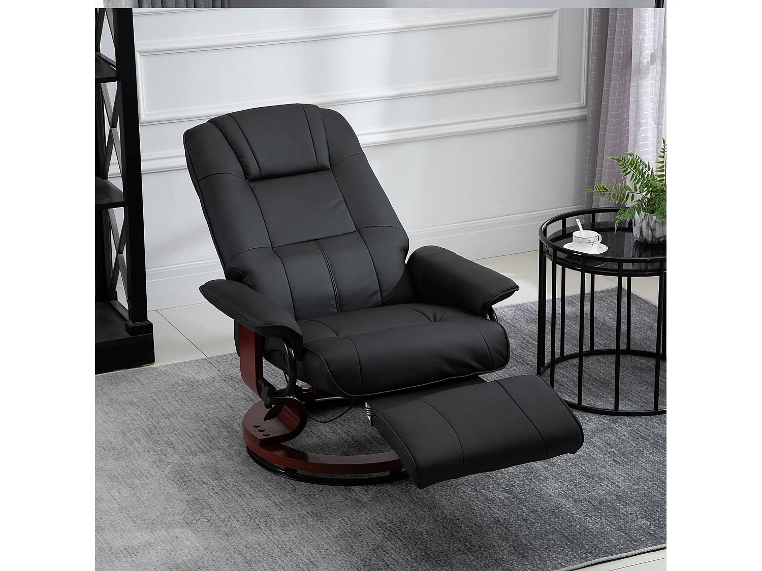 Fauteuil relax inclinable repose-pieds réglable pivotant 360° piètement bois revêtement PU noir