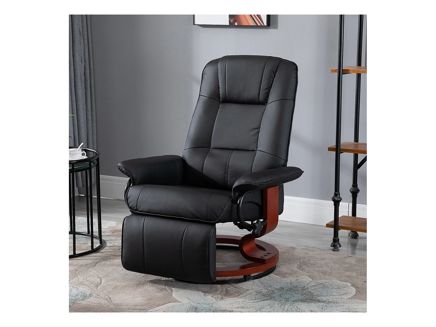 Fauteuil relax inclinable repose-pieds réglable pivotant 360° piètement bois revêtement PU noir