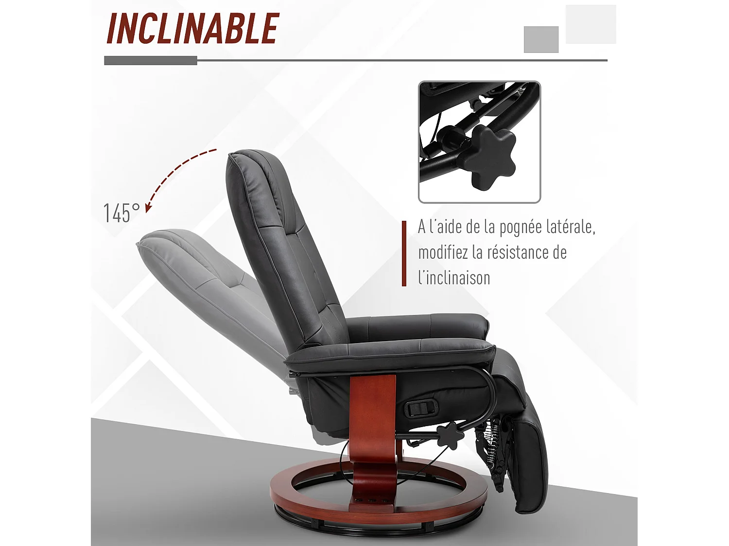 Fauteuil relax inclinable repose-pieds réglable pivotant 360° piètement bois revêtement PU noir