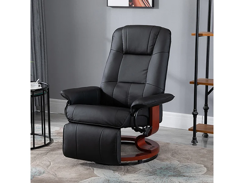 Fauteuil relax inclinable repose-pieds réglable pivotant 360° piètement bois revêtement PU noir
