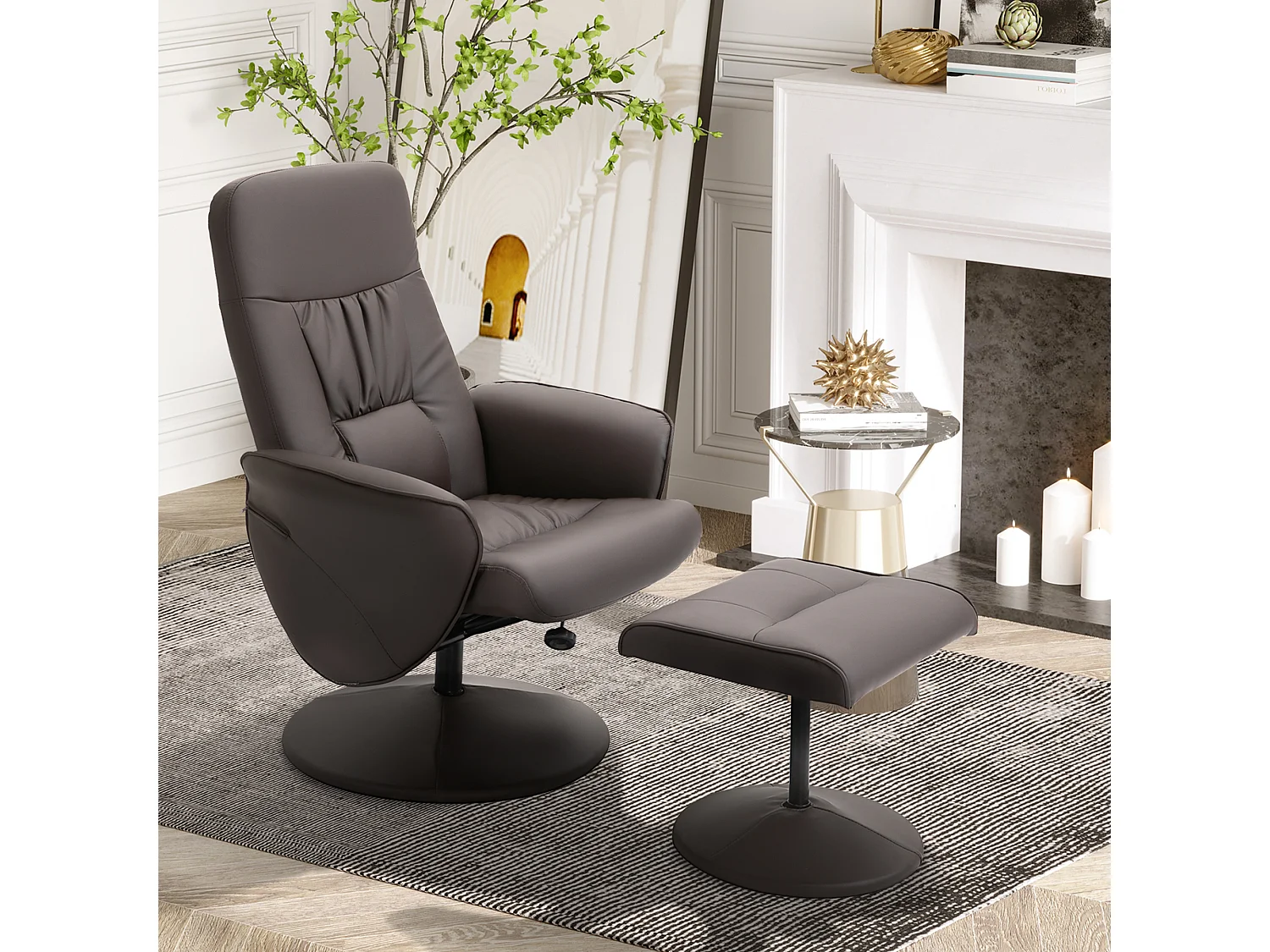 Fauteuil relax inclinable pivotant style contemporain avec repose-pied revêtement synthétique chocolat