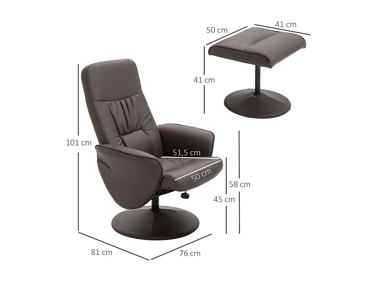 Fauteuil relax inclinable pivotant style contemporain avec repose-pied revêtement synthétique chocolat