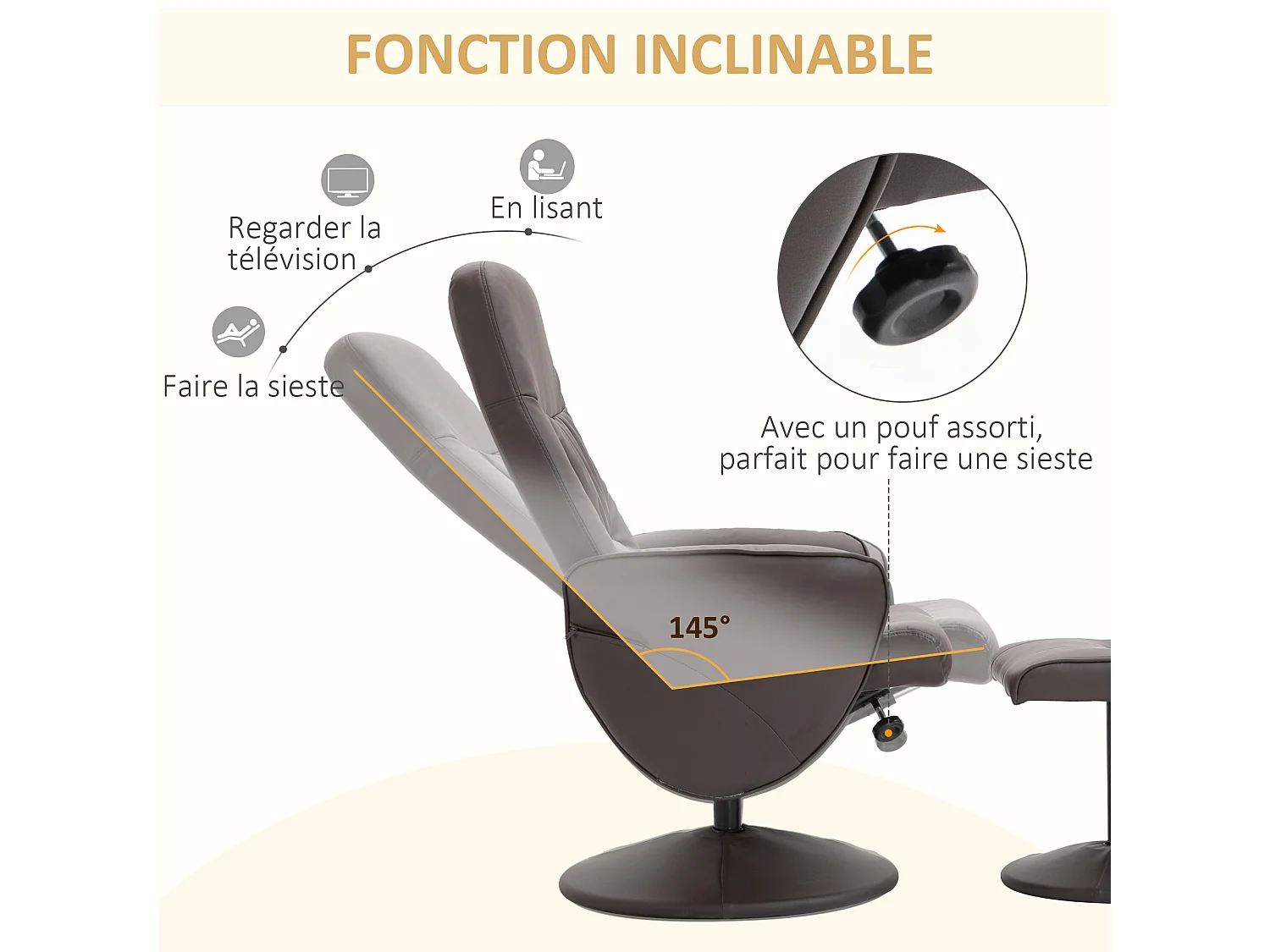 Fauteuil relax inclinable pivotant style contemporain avec repose-pied revêtement synthétique chocolat