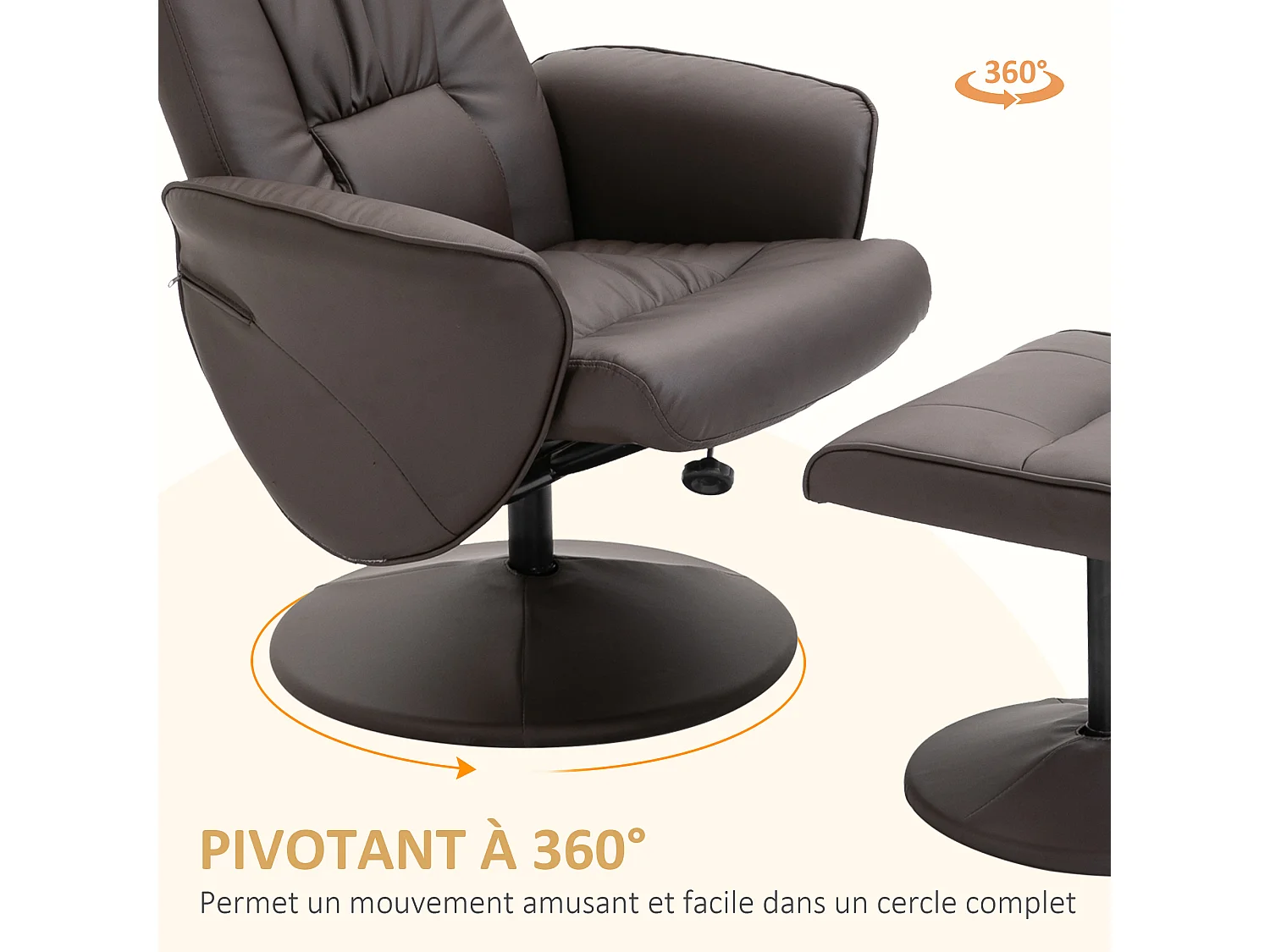 Fauteuil relax inclinable pivotant style contemporain avec repose-pied revêtement synthétique chocolat